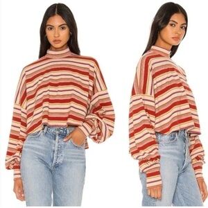FP Movement by Free People Red & Cream Striped Mock Neck Sweatshirt